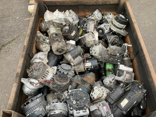 Crate of Used Charging Alternators